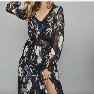 Reiss Black Floral Long Sleeve Dress